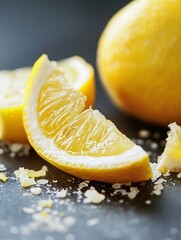 Poster - Juicy fresh lemon slices with salt crystals creating a refreshing still life composition on dark background : Generative AI