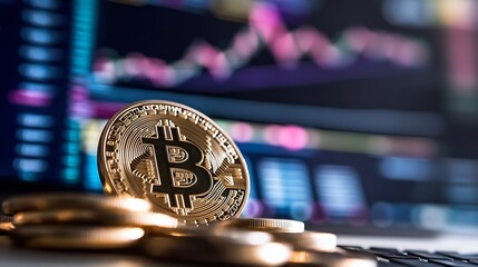Poster - Closeup image of a Bitcoin coin in focus with colorful stock market data displayed in the background : Generative AI