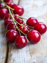 Poster - Cluster of fresh red cherries with a glossy finish arranged on rustic wooden surface : Generative AI