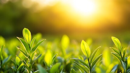 Poster - Closeup view of green plant leaves basking in sunlight against a soft blurred natural background : Generative AI