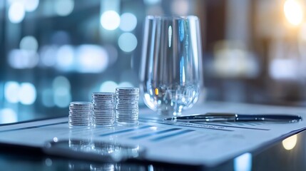 Aufkleber - Close Up of Glass Water and Stacked Coins on Financial Report with Blurred Background : Generative AI