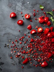 Poster - Chopped red tomatoes and spices scattered on a dark surface creating a vibrant cooking background : Generative AI
