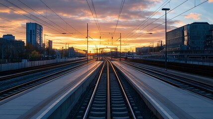 Aufkleber - Captivating Sunset Over Cityscape with Transportation Tracks in the Foreground : Generative AI