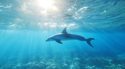 Poster - Graceful Dolphin Swimming Under Water with Sunlight Streaming Through Ocean Surface : Generative AI
