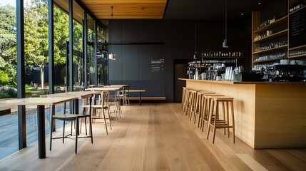 Leinwandbilder - Modern cafe interior featuring large windows and minimalist wooden furniture in a peaceful atmosphere : Generative AI