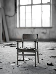 Aufkleber - Lonely and weathered wooden chair positioned in an abandoned room illuminated by natural light through the window : Generative AI