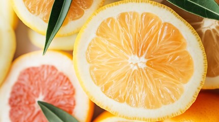 Aufkleber - Fresh citrus fruits including lemons and grapefruits sliced to showcase their juicy pulp and vibrant color : Generative AI