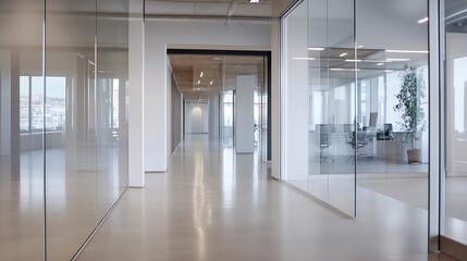 Aufkleber - Bright and spacious modern office interior with glass partitions and elegant design features : Generative AI