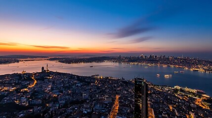 Aufkleber - Stunning sunset view over the city skyline and waterfront illuminating the horizon : Generative AI