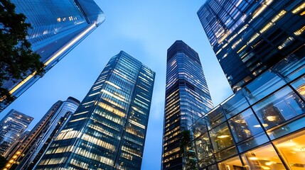 Poster - City Skyline at Dusk with Modern Glass Skyscrapers Illuminated in Urban Environment : Generative AI