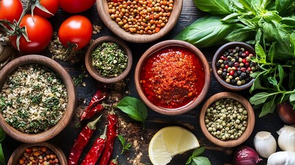 Poster - Variety of fresh spices and herbs arranged in bowls with tomatoes for a vibrant culinary display : Generative AI