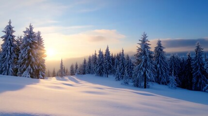 Fototapete - Stunning view of a snowy landscape at sunset with tall evergreen trees and soft glowing light : Generative AI