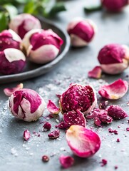 Poster - Artistic arrangement of pink rose buds and petals scattered on a textured surface creating an elegant floral display : Generative AI