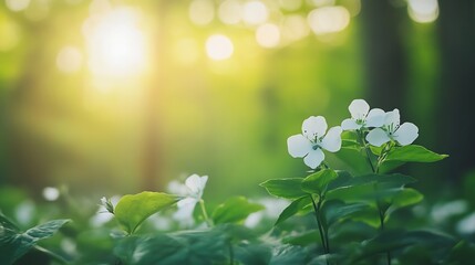 Poster - Delicate white flowers blooming in a sunlit forest surrounded by lush greenery : Generative AI