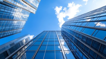 Fototapete - Stunning view of tall modern skyscrapers reaching up into a vibrant blue sky with soft white clouds : Generative AI