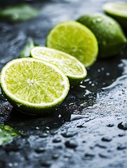 Aufkleber - Freshly cut lime halves on a dark background with droplets highlighting their juicy texture : Generative AI