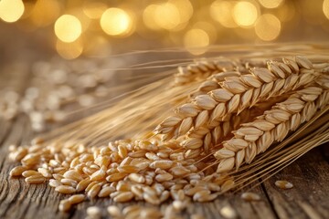 Aufkleber - Golden wheat grains on rustic wooden table with soft luxurious lighting creating a warm atmosphere