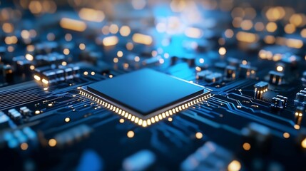 Poster - Detailed macro shot of a microchip showcasing circuits illuminated with bright blue lights : Generative AI