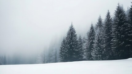 Poster - A serene winter landscape with fog covering snowcovered trees in a forest : Generative AI