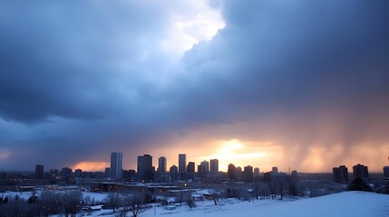 Poster - Dramatic sunset over a city skyline amidst dark storm clouds and changing weather : Generative AI