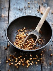 Poster - Wooden spoon resting in a rustic bowl filled with granules showcasing cooking ingredients and textures : Generative AI