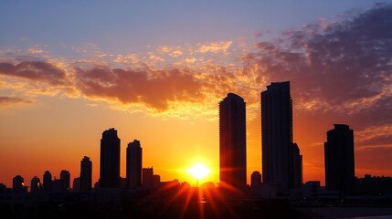Poster - Dramatic city skyline silhouette at sunset with bright sunburst and colorful sky : Generative AI