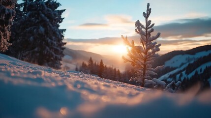 Aufkleber - Serene winter sunrise illuminating snowy trees and mountains creating a picturesque landscape scene : Generative AI