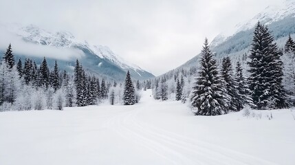 Aufkleber - Snow Covered Mountain Landscape with Tall Pine Trees Creating a Winter Wonderland in Tranquil Nature : Generative AI