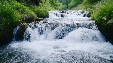 Poster - A picturesque flowing creek surrounded by vibrant green grass and wildflowers : Generative AI