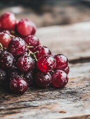 Aufkleber - Fresh juicy red grapes glistening with water droplets on rustic wooden surface : Generative AI
