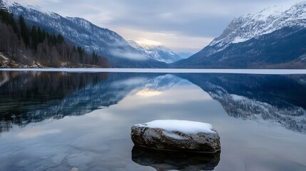 Poster - Majestic mountain view reflected in tranquil lake with snowcovered peaks and cloudy sky : Generative AI