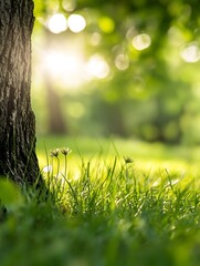 Aufkleber - Natural sunlight filtering through trees onto fresh green grass in a serene park setting : Generative AI