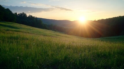 Poster - Stunning sunset over rolling hills with vibrant colors illuminating the sky and grass : Generative AI