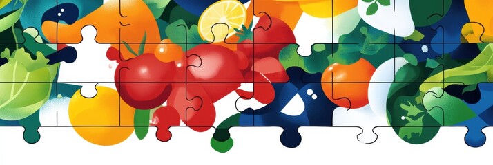 Aufkleber - Vibrant groceries form a puzzle symbolizing a complete shopping experience in a modern and lively design
