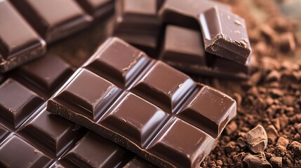 Poster - Delicious dark chocolate pieces arranged on a rustic wooden surface with cocoa powder : Generative AI