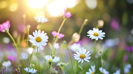 Poster - Vivid closeup of beautiful daisies blooming in a garden with soft evening light shining through : Generative AI