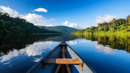 Poster - Scenic view from the front of a canoe gliding across a calm lake surrounded by lush greenery and mountains : Generative AI