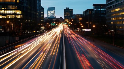 Poster - Streaks of Light Showcasing Busy City Traffic at Dusk Highlighting Urban Life : Generative AI