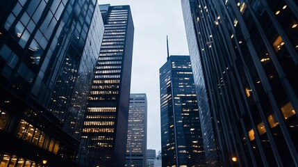 Poster - Urban cityscape featuring tall modern buildings illuminated at dusk with a cloudy sky : Generative AI