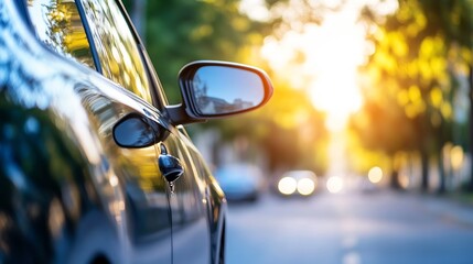 Aufkleber - A sleek car parked on a bright street illuminated by sunset showcasing modern design and urban lifestyle : Generative AI