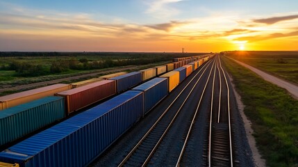 Poster - Vibrant sunset over a freight train revealing a picturesque landscape in rural setting : Generative AI