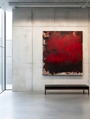 Fototapete - Modern art piece featuring bold red tones mounted on a gallery wall in a contemporary space : Generative AI