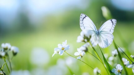 Poster - Delicate white butterfly resting on lush green grass with blooming wildflowers in a vibrant meadow setting : Generative AI