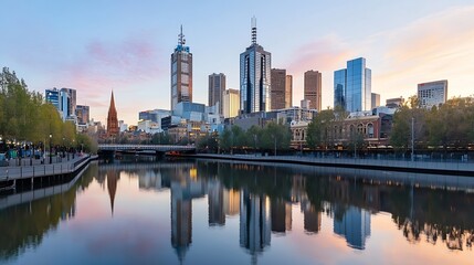 Poster - Vibrant city skyline of Melbourne at sunset reflecting on water offering a blend of nature and urban beauty : Generative AI