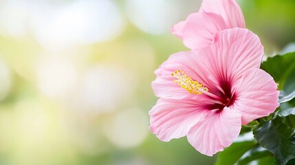 Poster - Stunning close up of a vibrant pink hibiscus flower surrounded by lush greenery and soft light : Generative AI