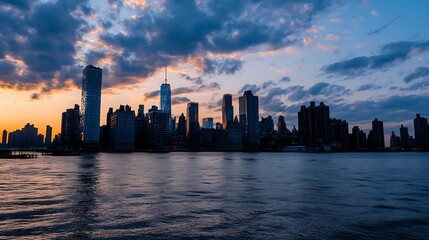 Aufkleber - Stunning sunset view of New York City skyline reflected in water with dramatic clouds and vibrant colors : Generative AI