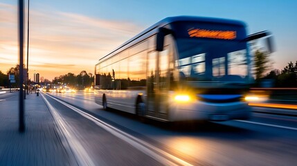 Poster - Dynamic city bus in motion against vibrant sunset illustrates urban transport and commuting : Generative AI