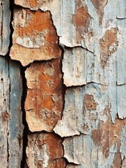 Poster - Closeup view of cracked and peeling paint on old wooden surface revealing layers of color : Generative AI