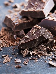 Poster - Closeup view of broken dark chocolate pieces displaying smooth texture and rich cocoa flavor on dark backdrop : Generative AI