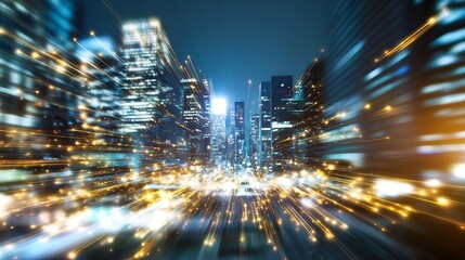 Fototapete - Abstract depiction of a vibrant cityscape at night illuminated by speeding lights and urban glow : Generative AI